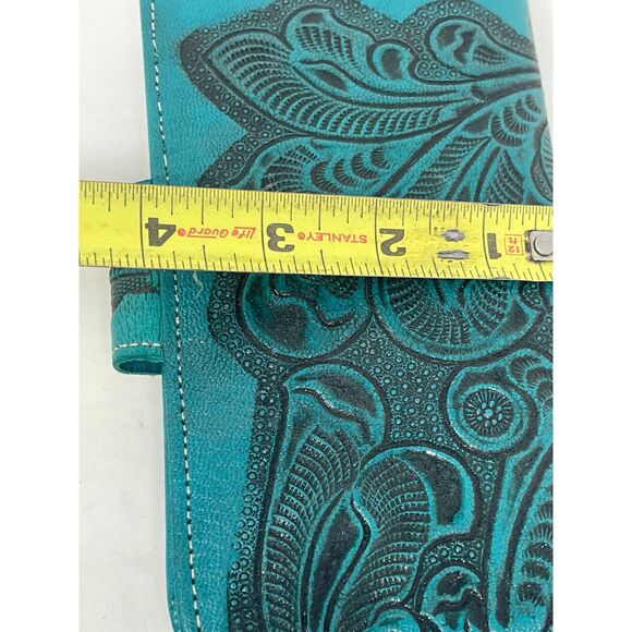 Western Hand Tooled Sustainable Leather Turquoise Teal Blue Green Long Wallet - Picture 7 of 8